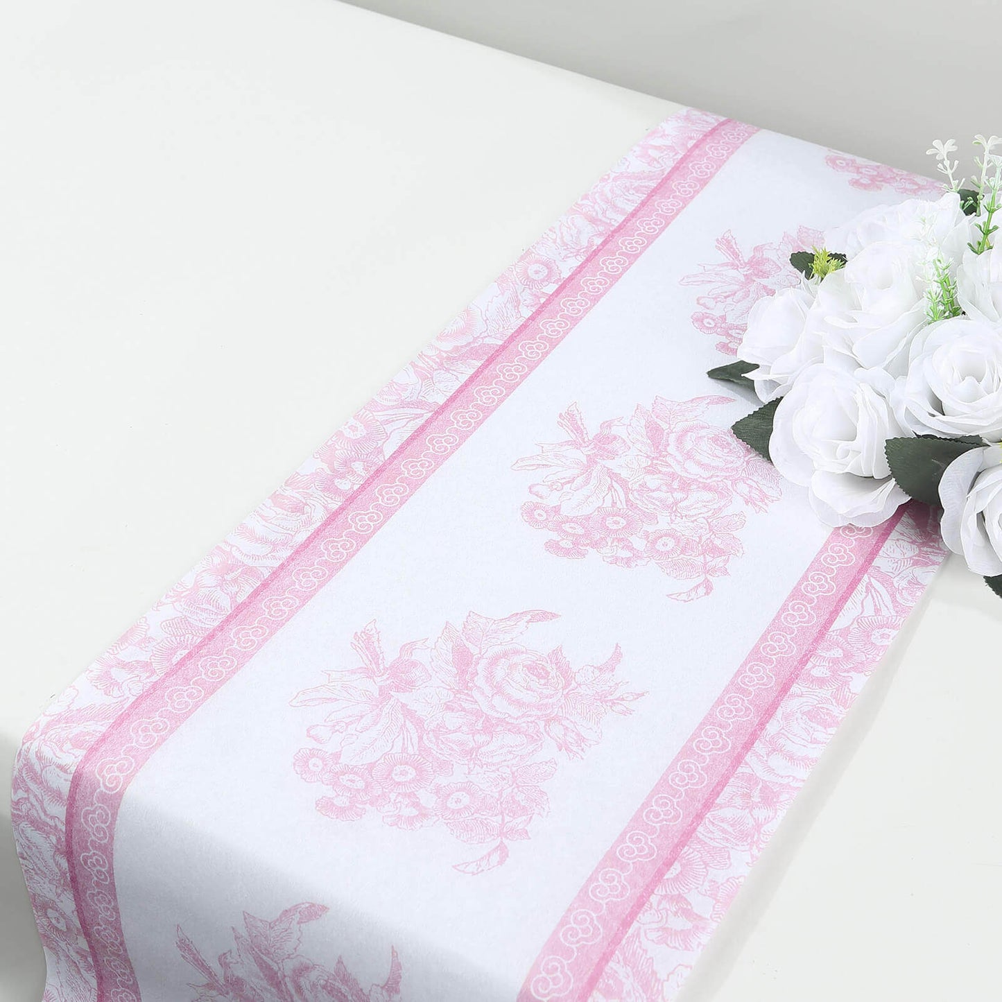 5 Pack Disposable Table Runners 11"x108" White with Pink Floral Pattern - Non-woven Stylish Kitchen Dining Table Decor