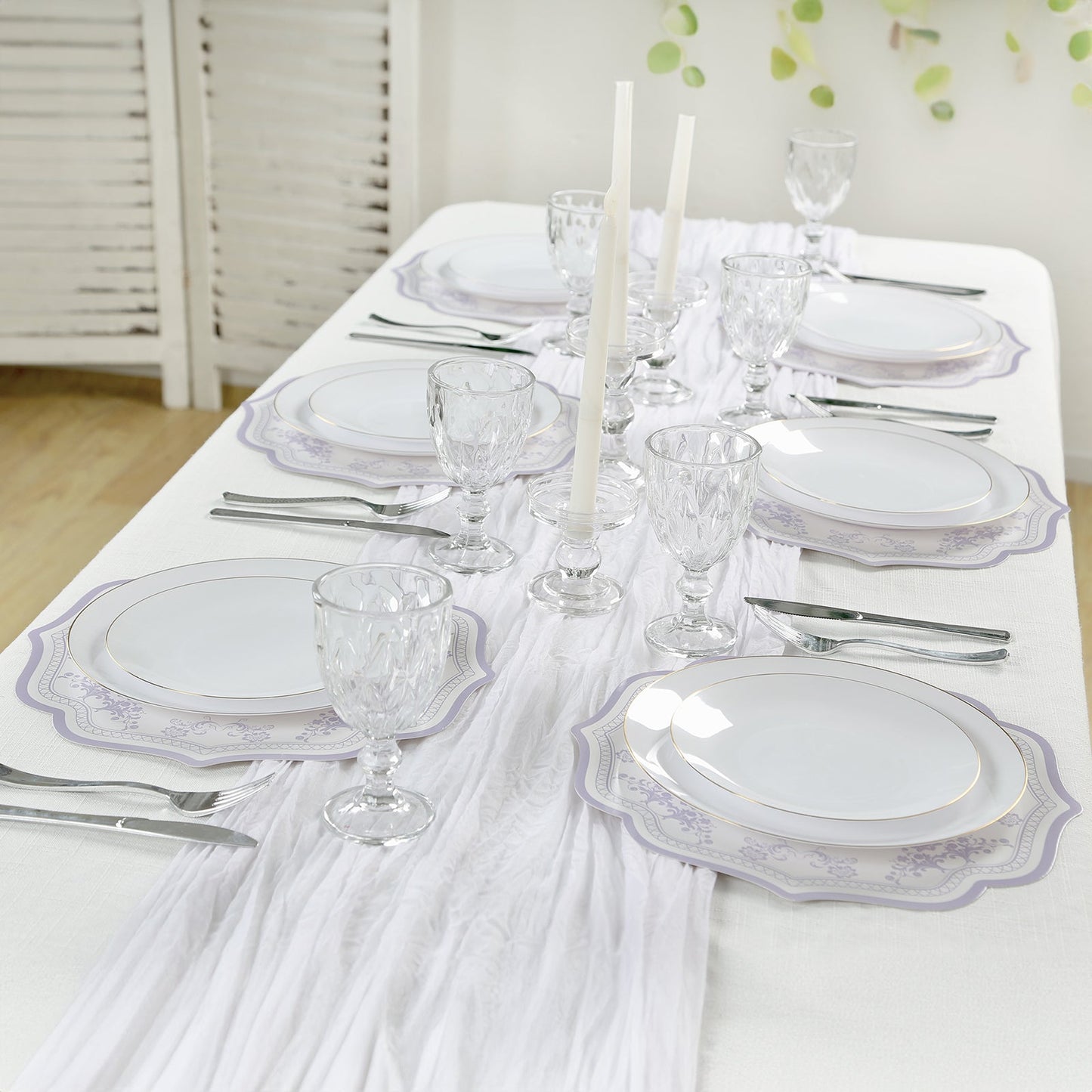 10-Pack Disposable Table Placemats 13" Round Placemats in White with Lavender Damask Floral Pattern & Scalloped Rim - 400GSM Cardboard Placemats for Stylish Table Setting