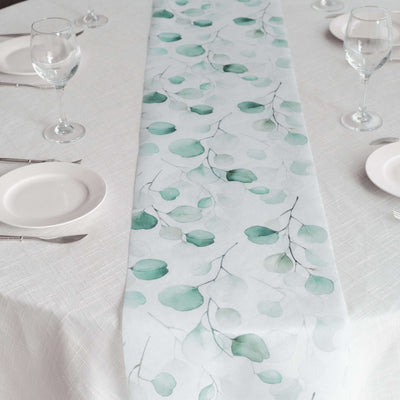 Disposable Table Runner 11’’x108’’ White with Green Eucalyptus Leaves Print - Non-woven Stylish Spring Summer Dining