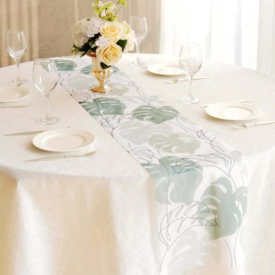 Disposable Table Runner 11’’x108’’ White with Green Monstera Palm Leaves Print - Non-woven Stylish Spring Summer Dining