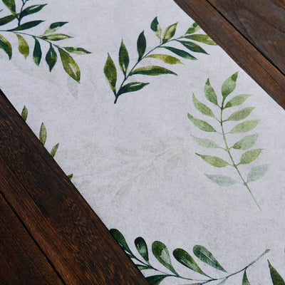 Disposable Table Runner 11’’x108’’ White with Green Olive Leaves Print - Non-woven Stylish Spring Summer Dining Decor