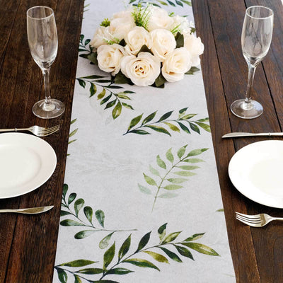 Disposable Table Runner 11’’x108’’ White with Green Olive Leaves Print - Non-woven Stylish Spring Summer Dining Decor