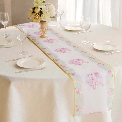 Disposable Table Runner 11’’x108’’ White with Pink Peony Floral Print - Non-woven Stylish Spring Summer Dining Decor
