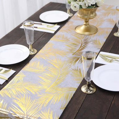 Disposable Table Runner Roll 108’’ Metallic Gold Foil Palm Leaves Print - Chic Non-Woven Tropical Table Decor