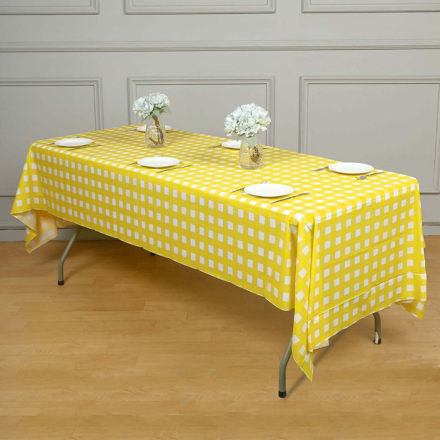 Plastic Table Cover White/Yellow Checkered Rectangle - Lightweight PVC Disposable Tablecloth 54"x108"