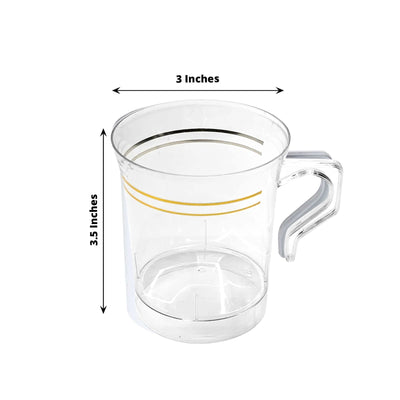 8-Pack Plastic Coffee Mugs Clear with Gold Stripes - Sturdy Disposable Cups for Coffee and Tea 8oz 3.5"