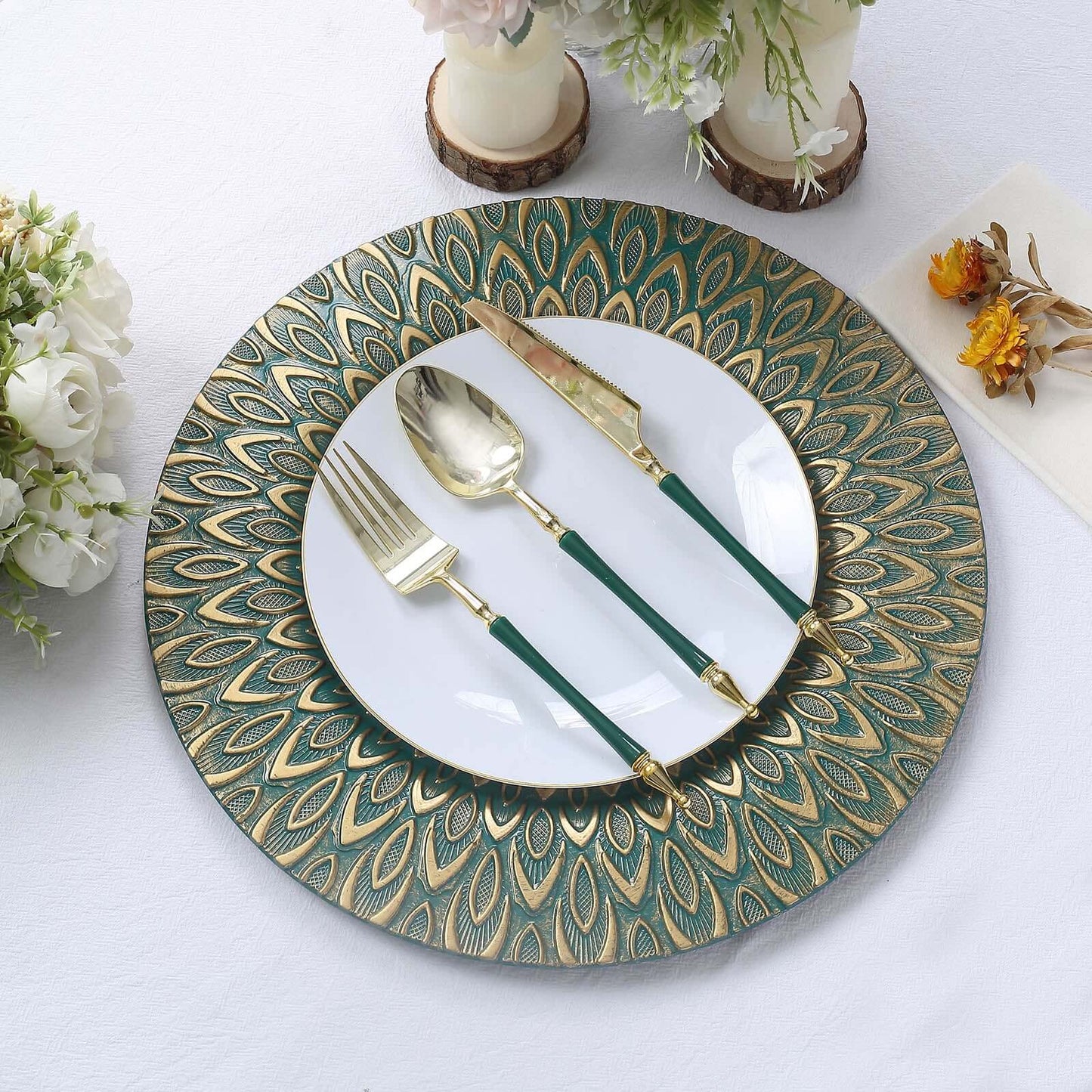 6-Pack Plastic Round Charger Plates 13" in Teal with Gold Embossed Peacock Pattern, Stylish Disposable Charger Tableware