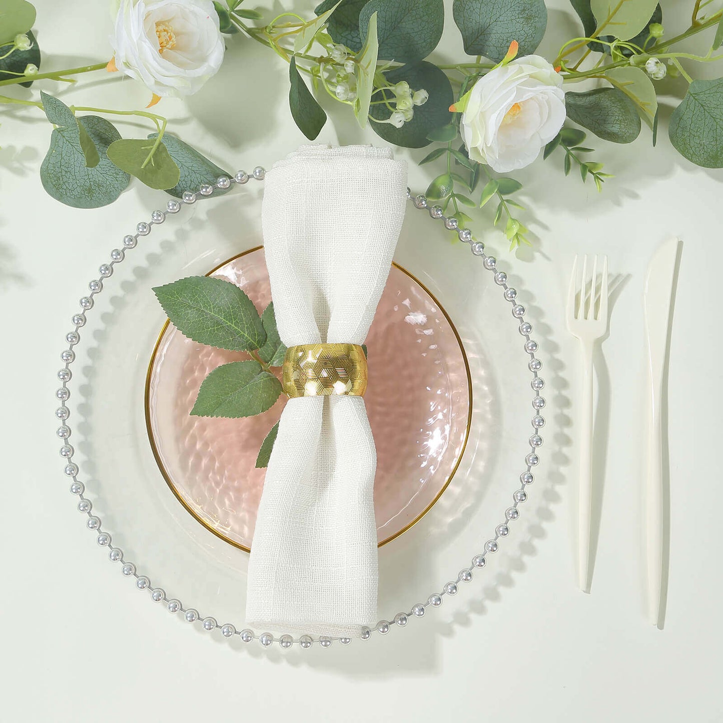 10-Pack Plastic 7" Round Dessert Appetizer Plates in Transparent Blush Hammered Design with Gold Rim - Modern Disposable Salad Plates