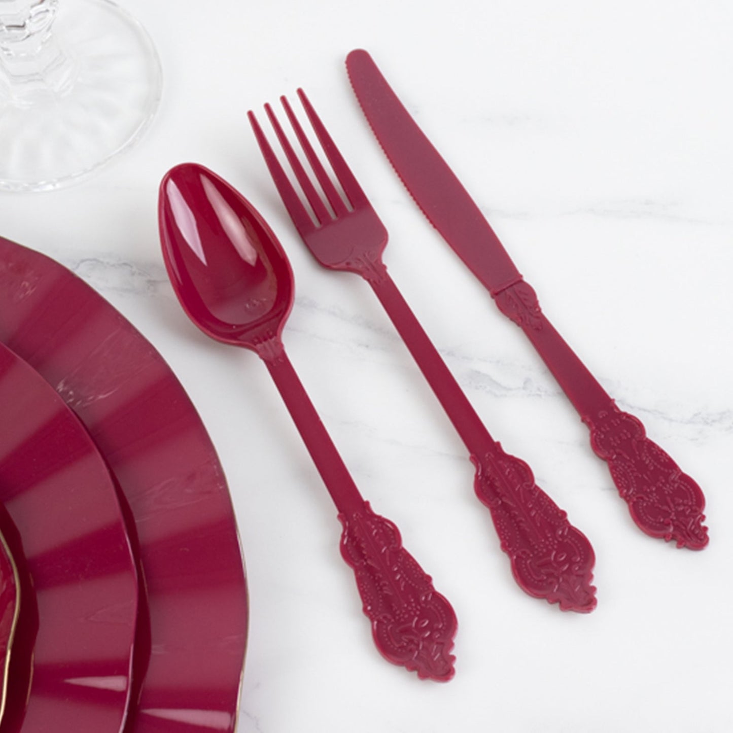 72 Pcs Plastic Silverware Set in Baroque Style Burgundy - Heavy Duty Disposable Knife, Fork, and Spoon Set