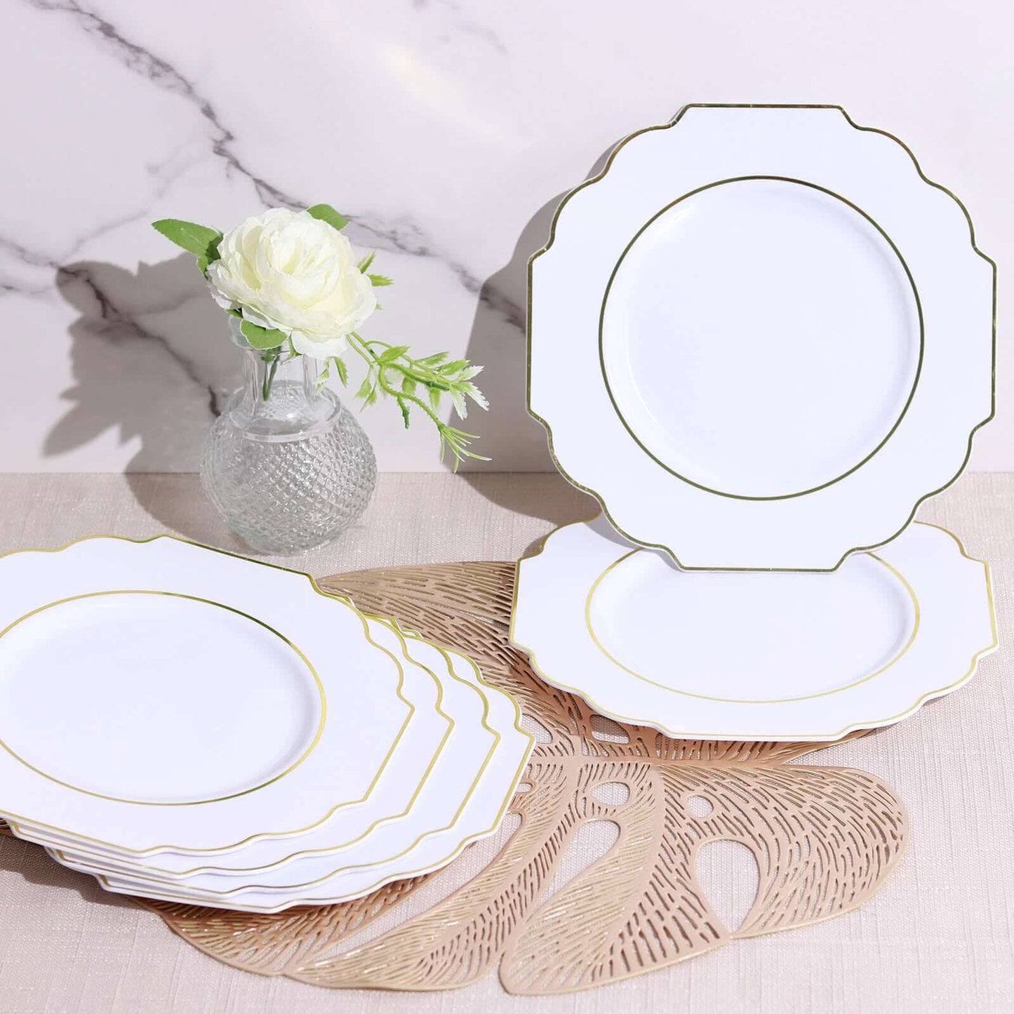 10-Pack Plastic Dessert Appetizer Plates in White Baroque Design with Scalloped Gold Rim - Heavy Duty Disposable Salad Plates for Formal Events & Banquets 8"