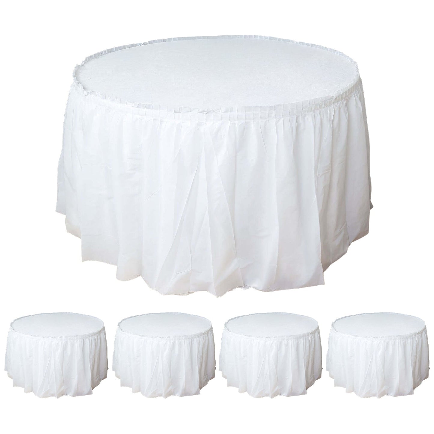 5 Pack Plastic Table Skirts White Ruffled - Durable Disposable Skirts for Events 14ft
