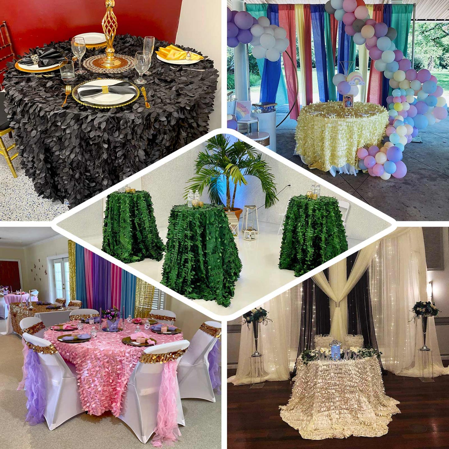 Taffeta 132" Round Tablecloth Navy Blue | 3D Leaf Petal Design Seamless Table Cover