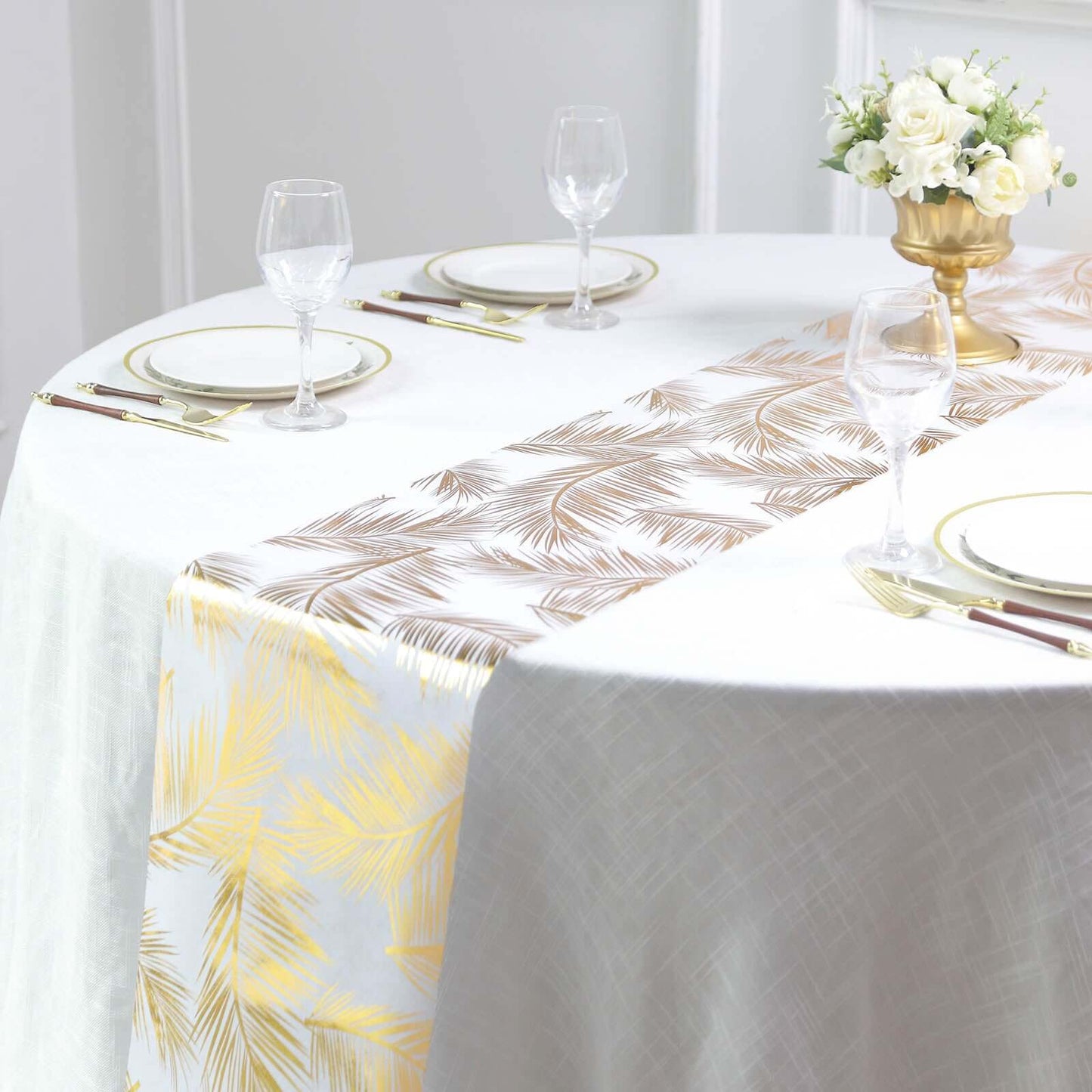 Disposable Table Runner Roll 108" Metallic Gold Foil Palm Leaves Print - Chic Non-Woven Tropical Table Decor for Events