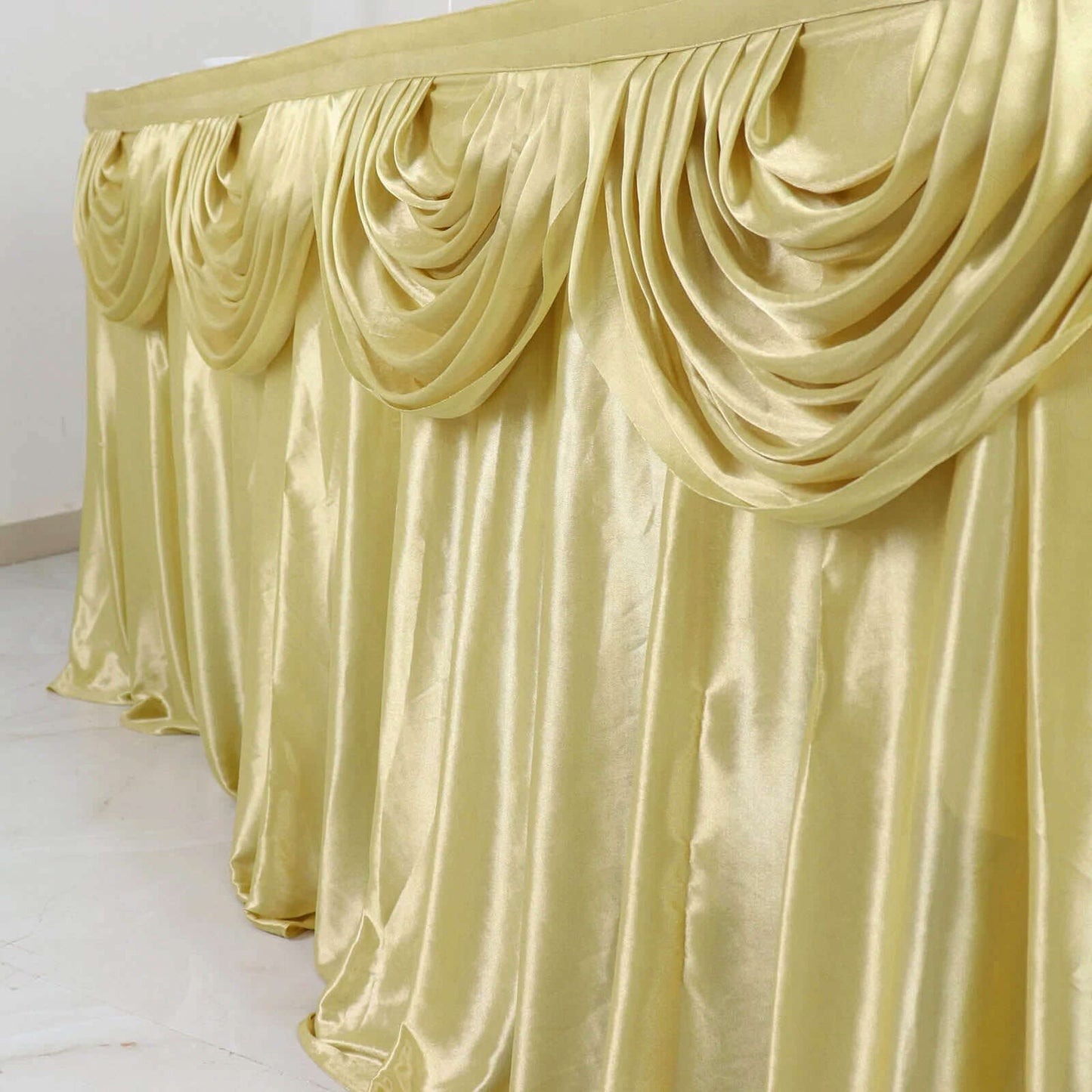 Satin 14ft Table Skirt Champagne - Pleated Double Drape Table Cover