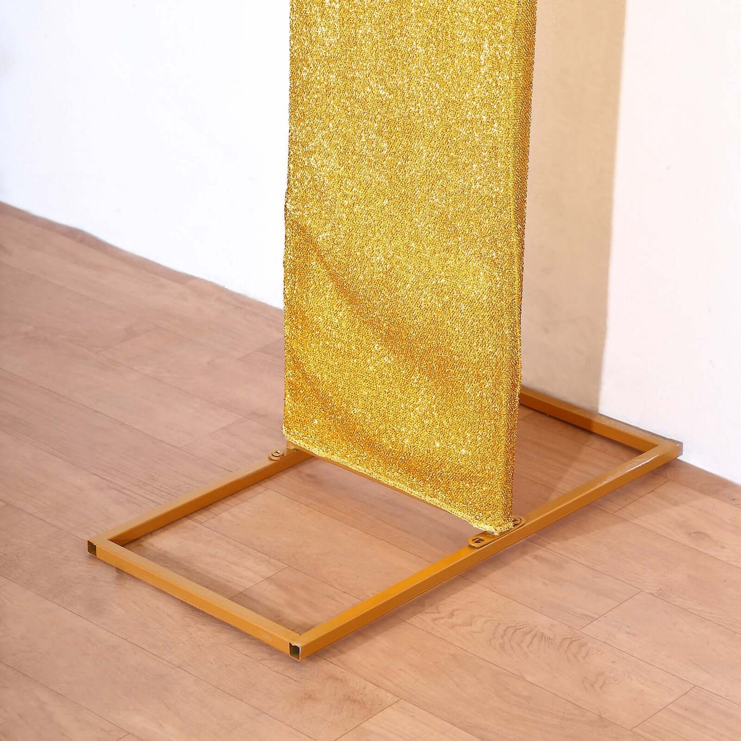 8ft Gold Spandex Fitted U-Shaped Wedding Arch Cover With Shimmer Tinsel Finish, Double-Sided Open Arch Backdrop Slipcover