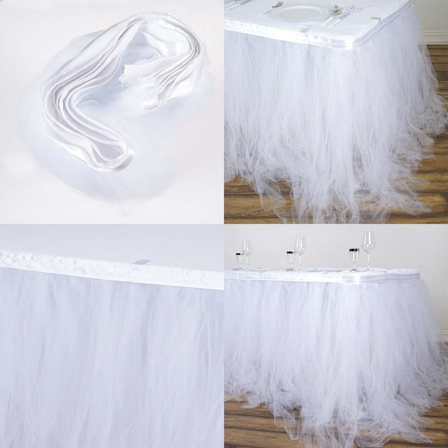 Tulle 14ft Table Skirt White - 4 Layer Pleated Tutu Chic & Soft Event Table Cover
