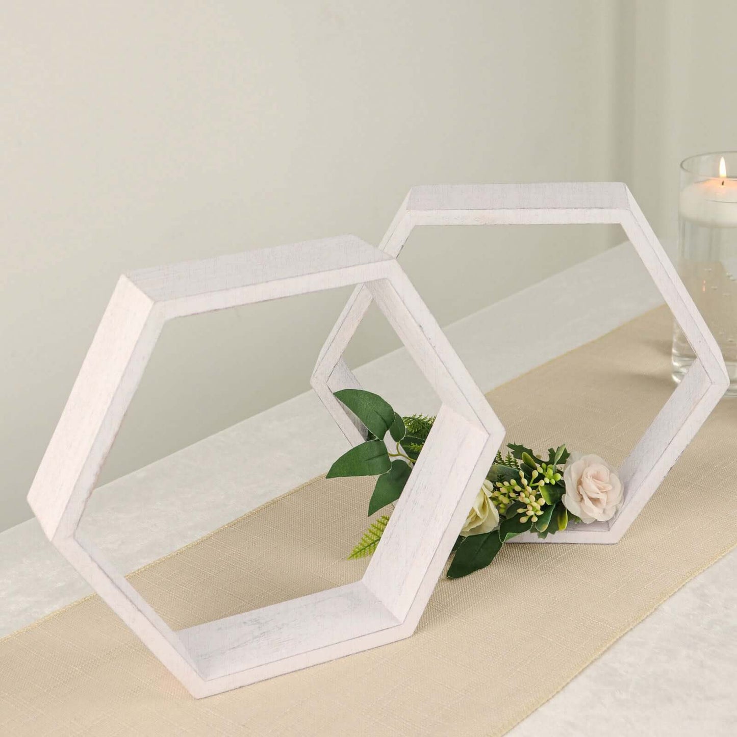 2 Pack 9" Hexagon Whitewashed Wood Centerpiece, Geometric Terrarium, Honeycomb Storage Shelf