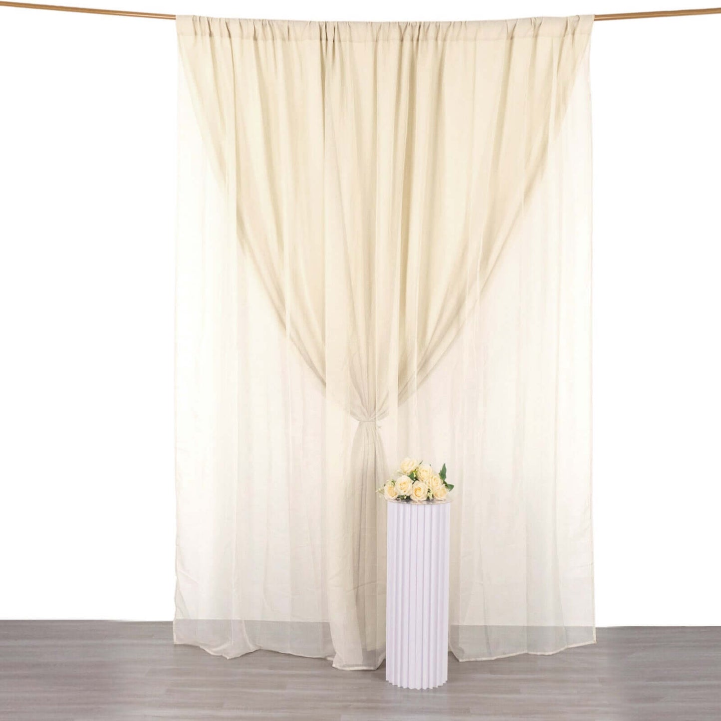 Beige Chiffon Polyester Event Curtain Drapes, Dual Layer Divider Backdrop Curtain Panels with Rod Pockets - 10ftx10ft