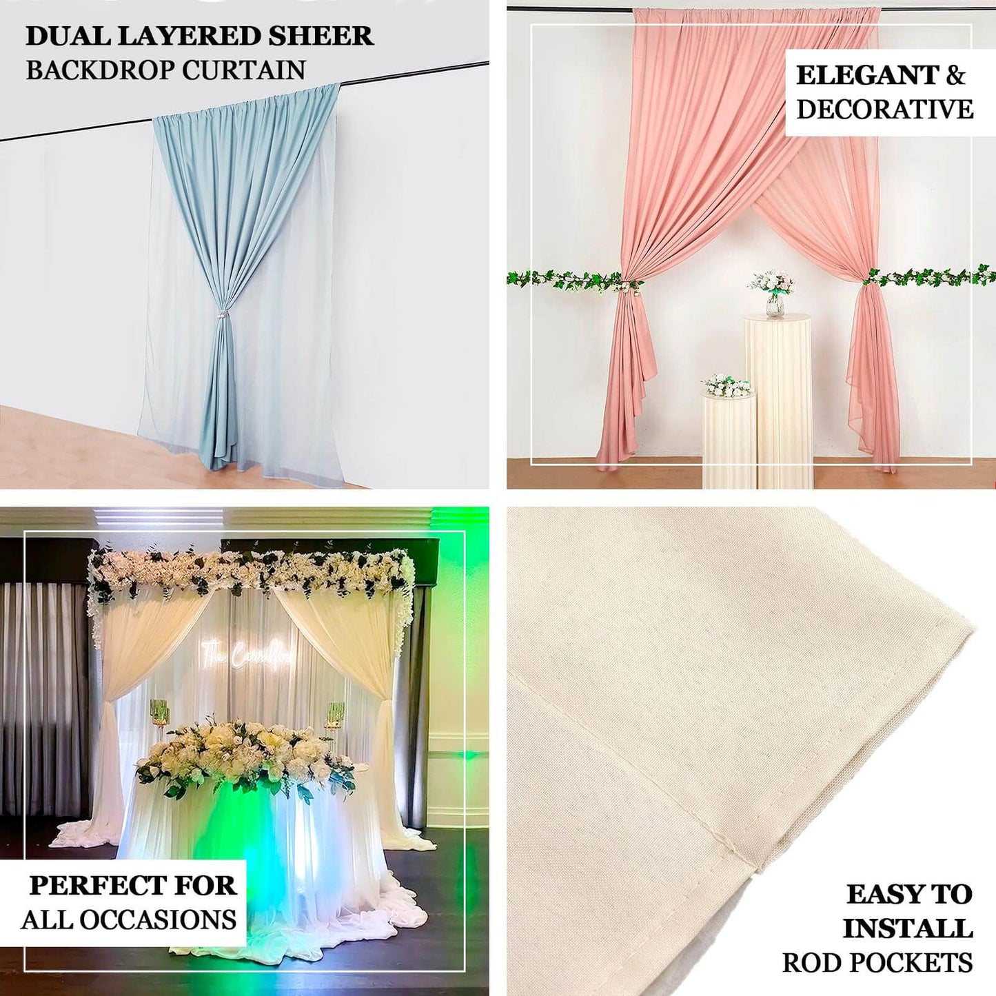 White Chiffon Polyester Event Curtain Drapes, Dual Layer Divider Backdrop Curtain Panels with Rod Pockets - 10ftx10ft