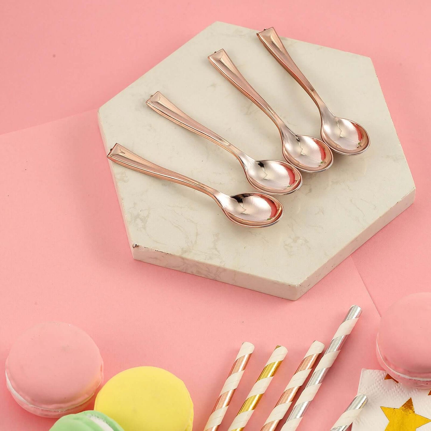 24-Pack Plastic Mini Dessert Spoons Rose Gold - Heavy Duty Disposable Silverware 4"
