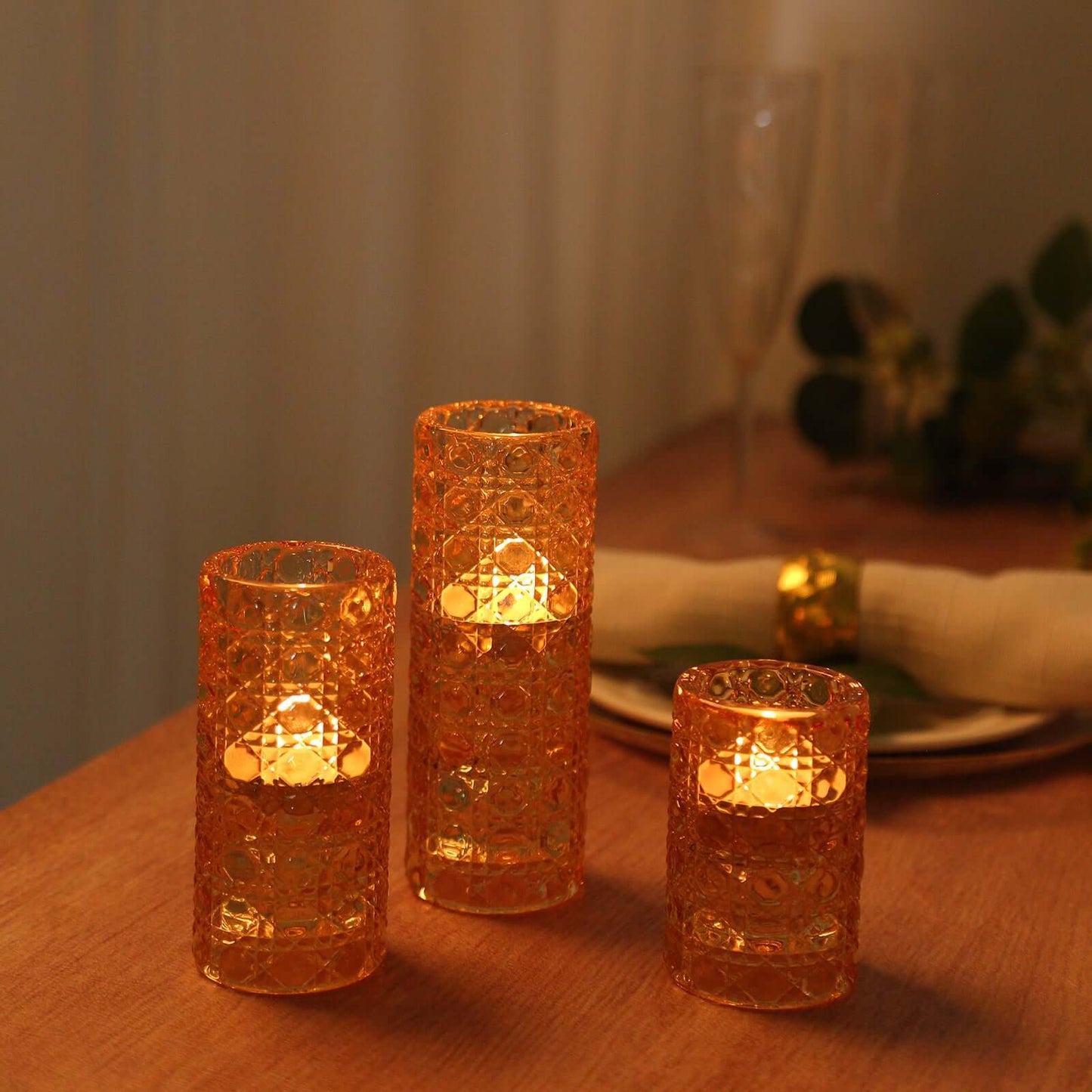 Set of 3 Glass Taper Candle Holders Amber Gold with Gemstone Pattern - Dual Sided Crystal Cylinder Tealight Stands 3", 4", 5.5"