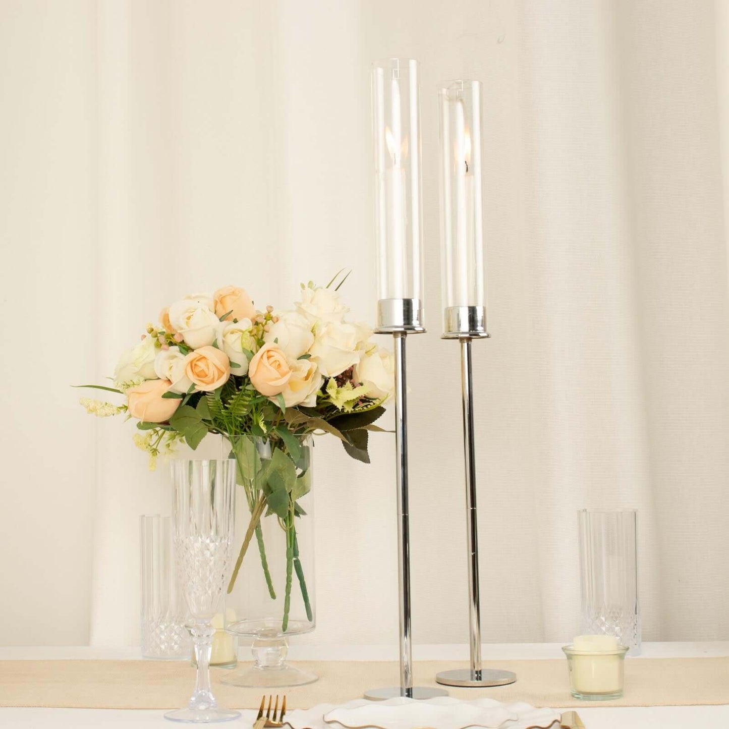 2-Pack Silver Metal Taper Candlestick Holders, Clear Glass Hurricane Candle Stands With Chimney Candle Shades 24"