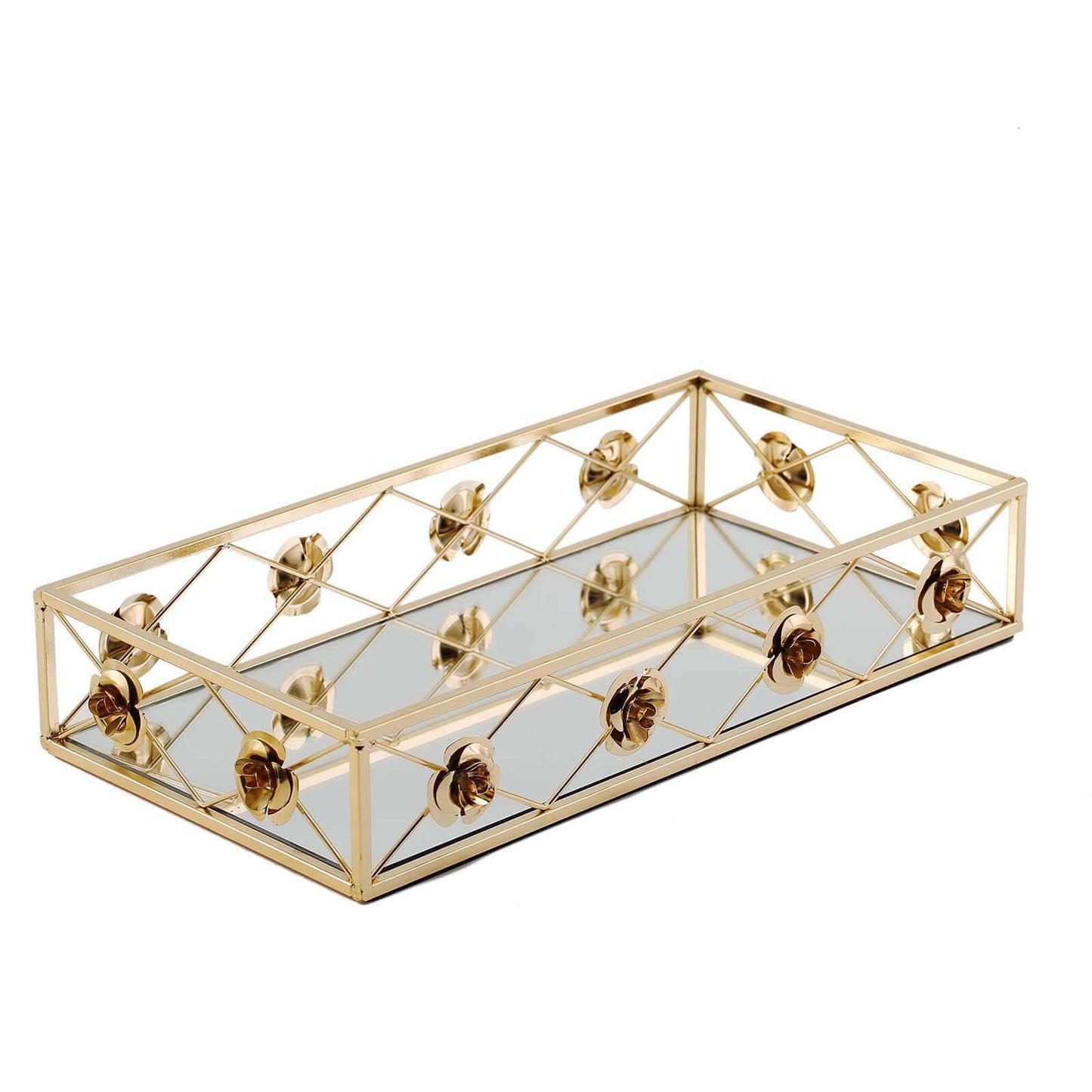 Set of 2 Metal Mirrored Rectangle Serving Trays in Gold with Rose Borders, Glamorous Decorative Vanity Tray Centerpiece 15"x8", 19"x12"