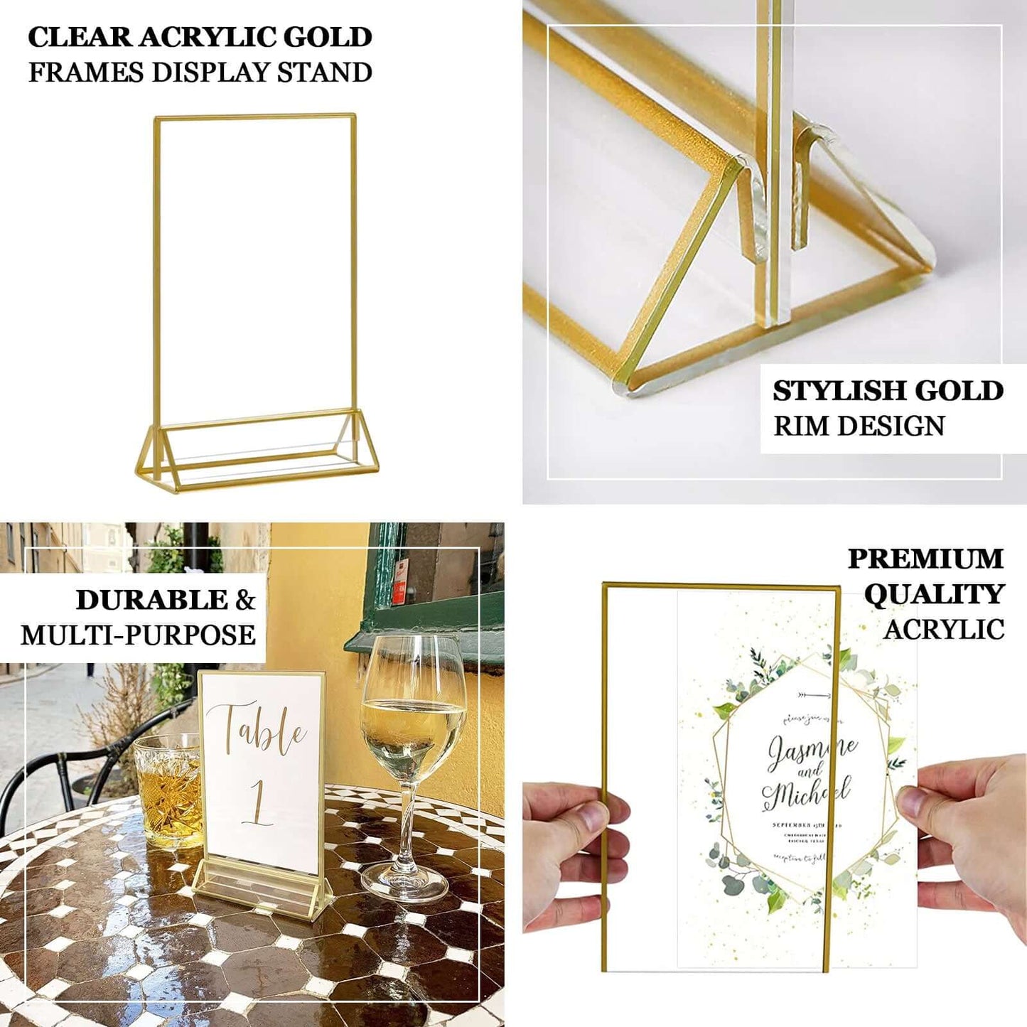 6-Pack Gold Frame Acrylic Table Sign Holders Double-Sided Display for Numbers and Menus - Perfect for Weddings 5"x9"