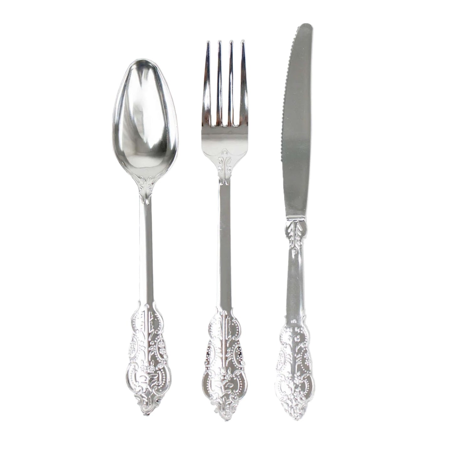 24 Pcs Plastic Silverware Set in Baroque Style Metallic Silver - Heavy Duty Disposable Knife, Fork, and Spoon Set