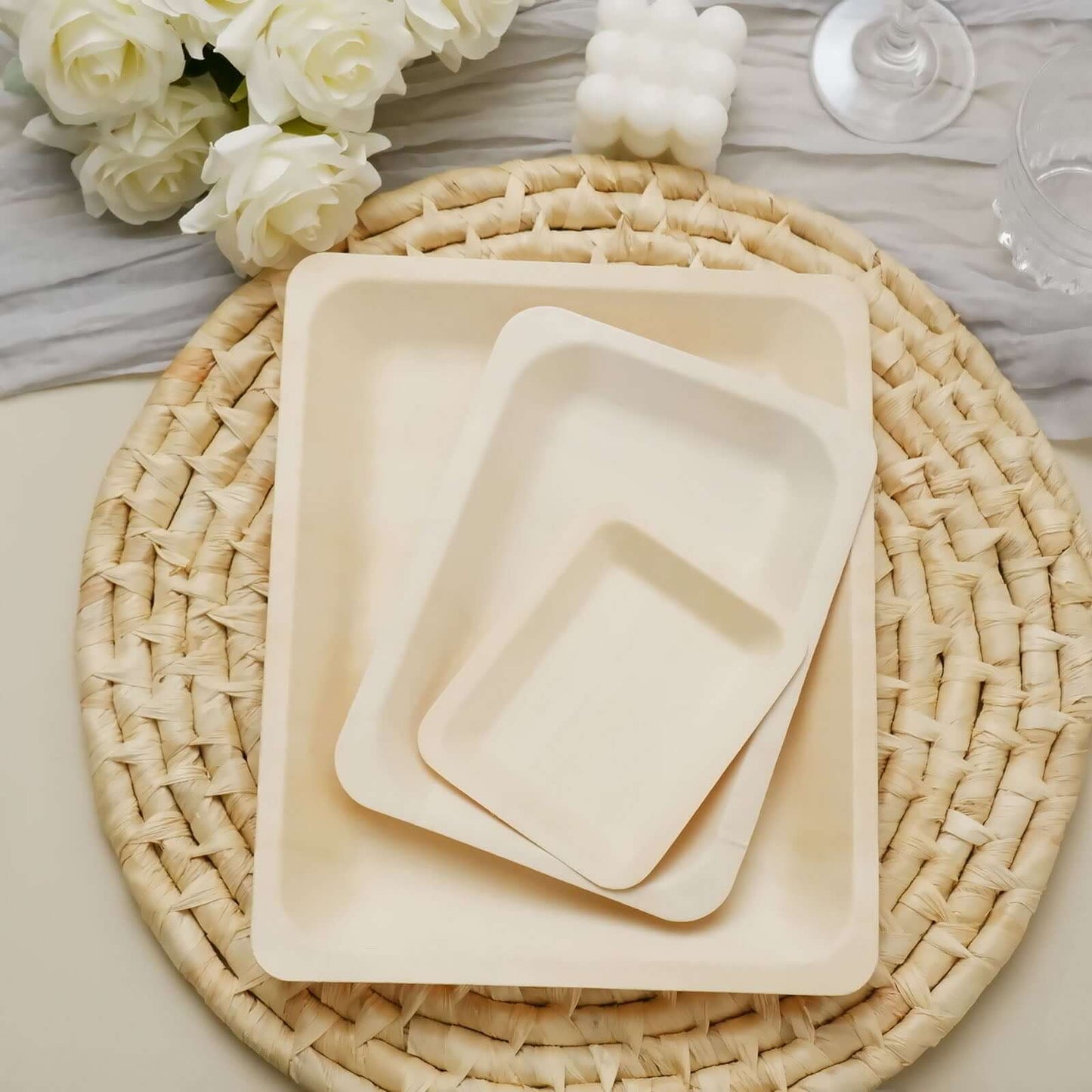 25-Pack Birchwood 5"x8" Rectangle Dessert Serving Plates - Natural Eco Friendly Wooden Disposable Plates for Farmhouse-Style Events, Parties & Gatherings