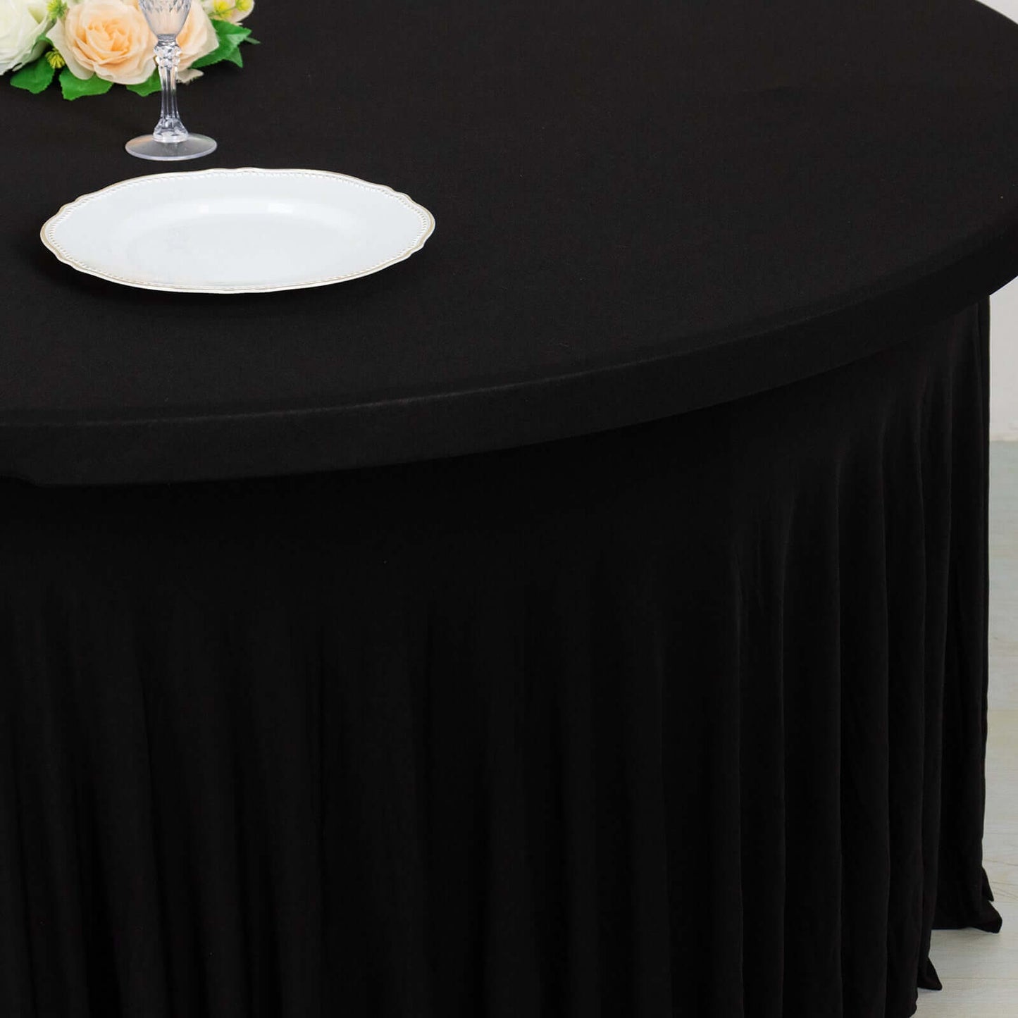 Spandex Round 5ft Table Skirt Black with Wavy Skirt-Like Effect Stylish Table Cover