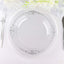 10-Pack Plastic 10" Round Dinner Plates in Clear with Silver Leaf Embossed Rim - Disposable Vintage Baroque Style Plates