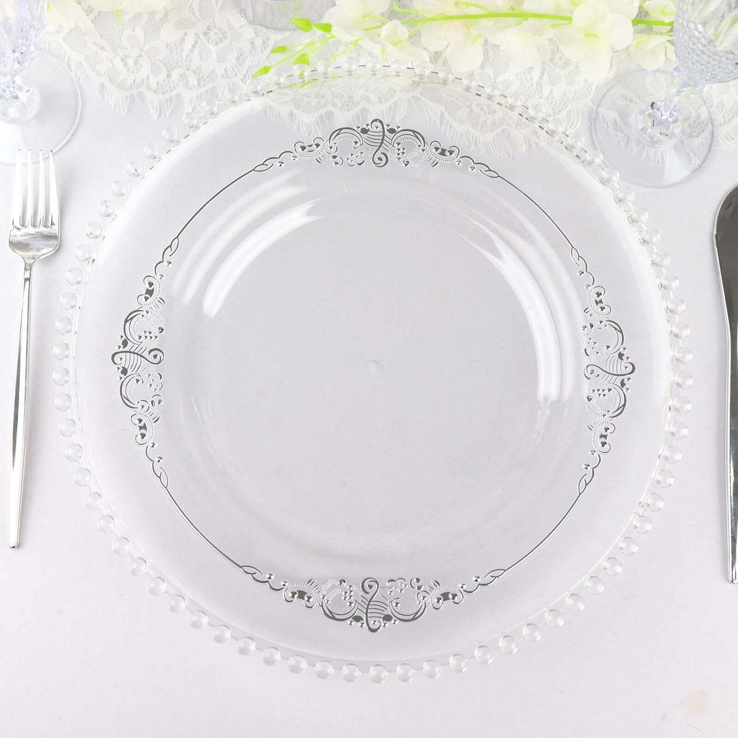 10-Pack Plastic 10" Round Dinner Plates in Clear with Silver Leaf Embossed Rim - Disposable Vintage Baroque Style Plates
