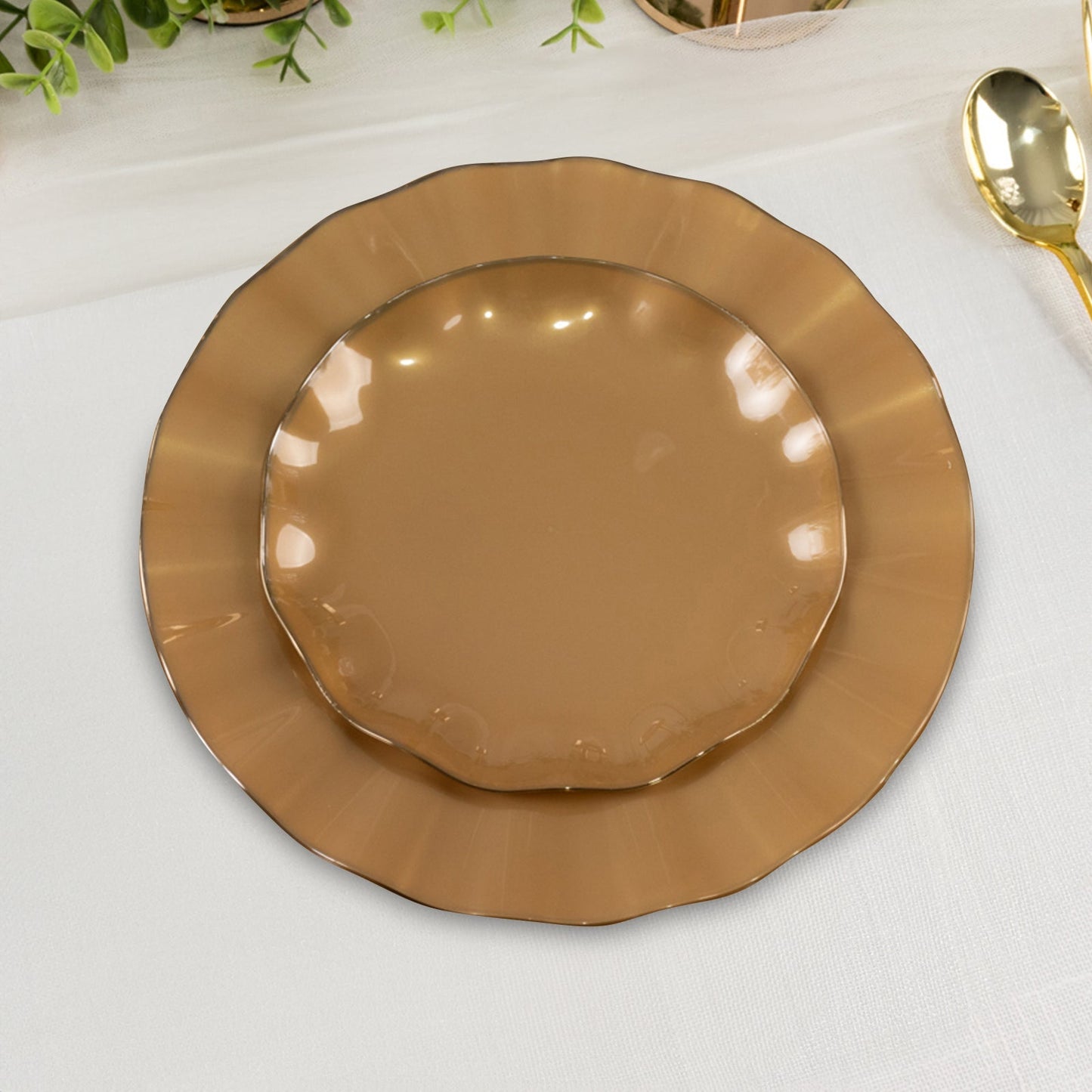 10-Pack Plastic Round 6" Dessert Plates in Gold with Ruffled Rim - Sturdy Disposable Salad Appetizer Dinnerware for Classy Events & Banquets