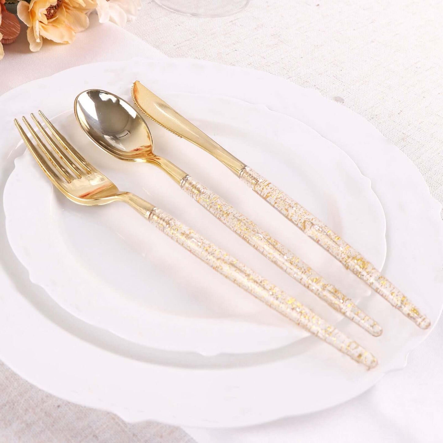 24-Pack Plastic Cutlery Set Metallic Gold with Gold Glitter - Stylish Disposable Silverware Pack 8"