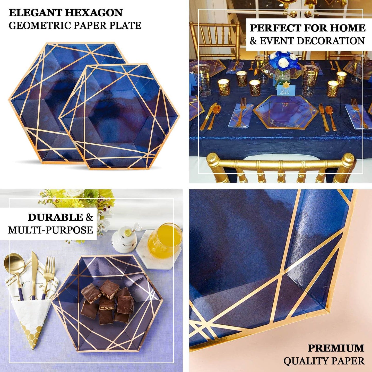 25-Pack Paper 7" Hexagon Dessert Plates in White with Gold Geometric Lines & Rim - Stylish Disposable Geometric 300GSM Appetizer Salad Plates for Events & Banquets