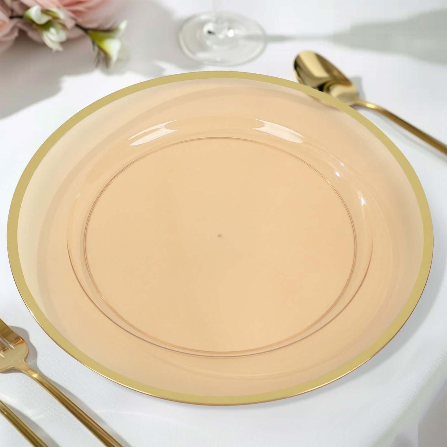 10-Pack Economy Plastic Round Charger Plates 12" in Transparent Amber Gold with Wide Gold Rim, Decorative Dinner Party Serving Plates