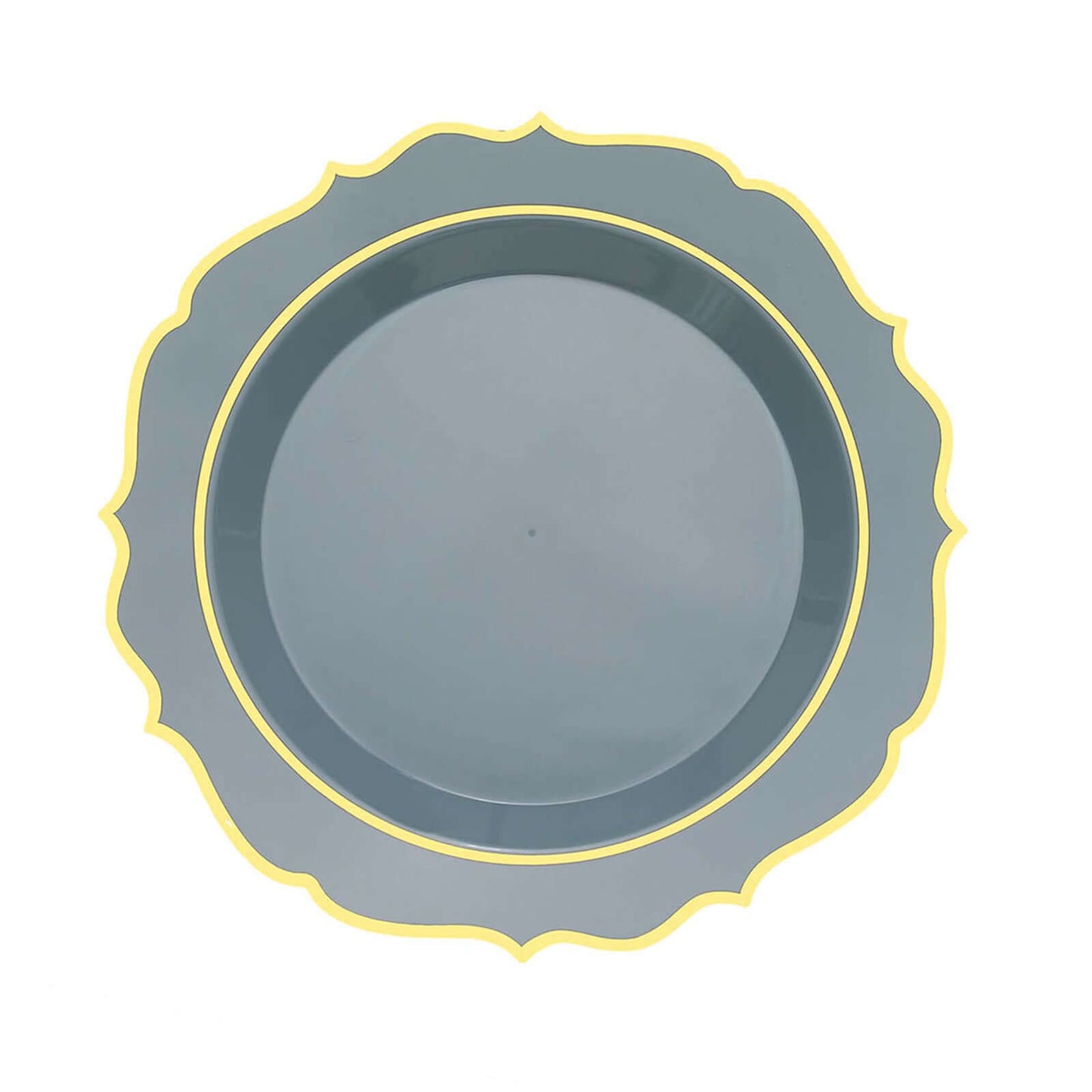 10-Pack Plastic 8" Round Dessert Plates in Dusty Blue with Gold Scalloped Rim - Disposable Appetizer/Salad Plates