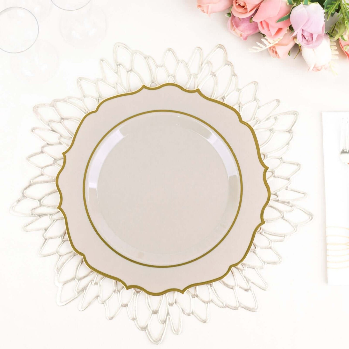 10-Pack Plastic 8" Round Dessert Plates in Taupe with Gold Scalloped Rim - Disposable Appetizer/Salad Plates