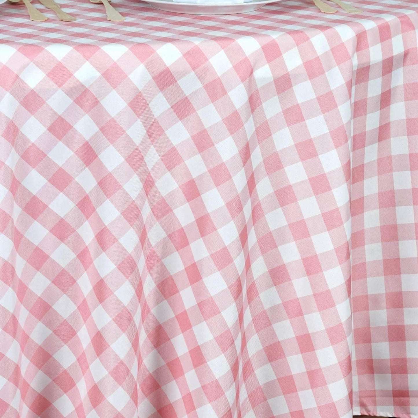 Polyester 108" Round Tablecloth White/Rose Quartz - Checkered Buffalo Plaid Design for Stylish Celebrations