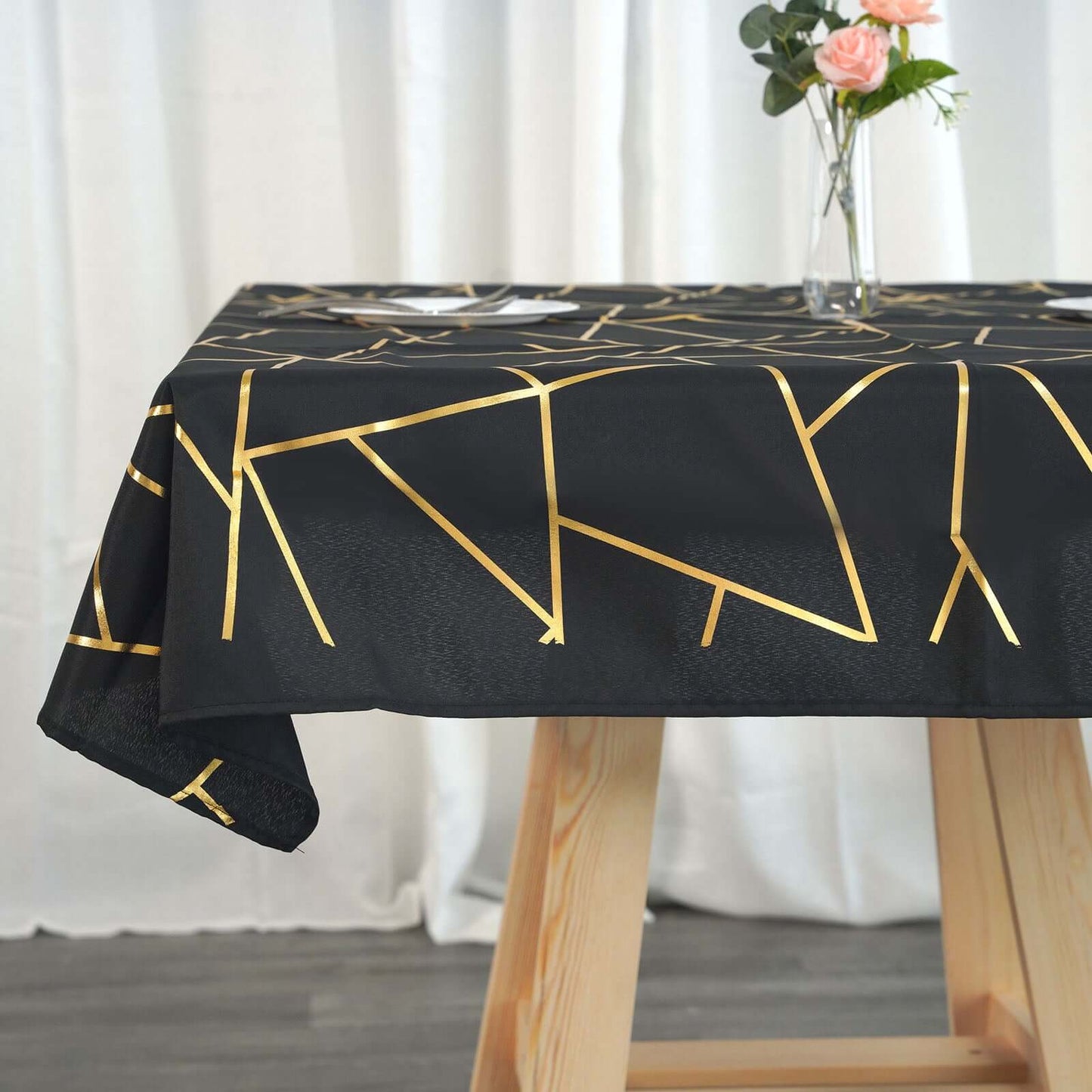 Polyester 54"x54" Table Overlay Square Tablecloth Black with Gold Foil Geometric Pattern - Wrinkle-Resistant & Durable Table Topper