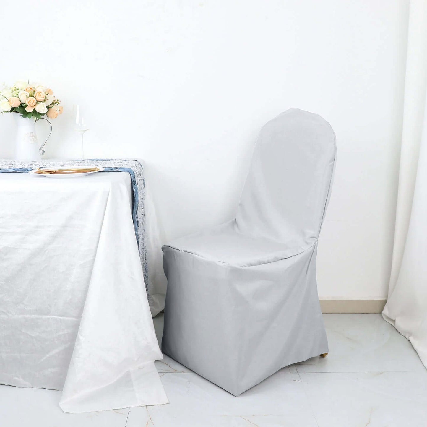 Polyester Slip On Banquet Chair Covers Silver - Stain-Resistant Reusable Durable Fabric
