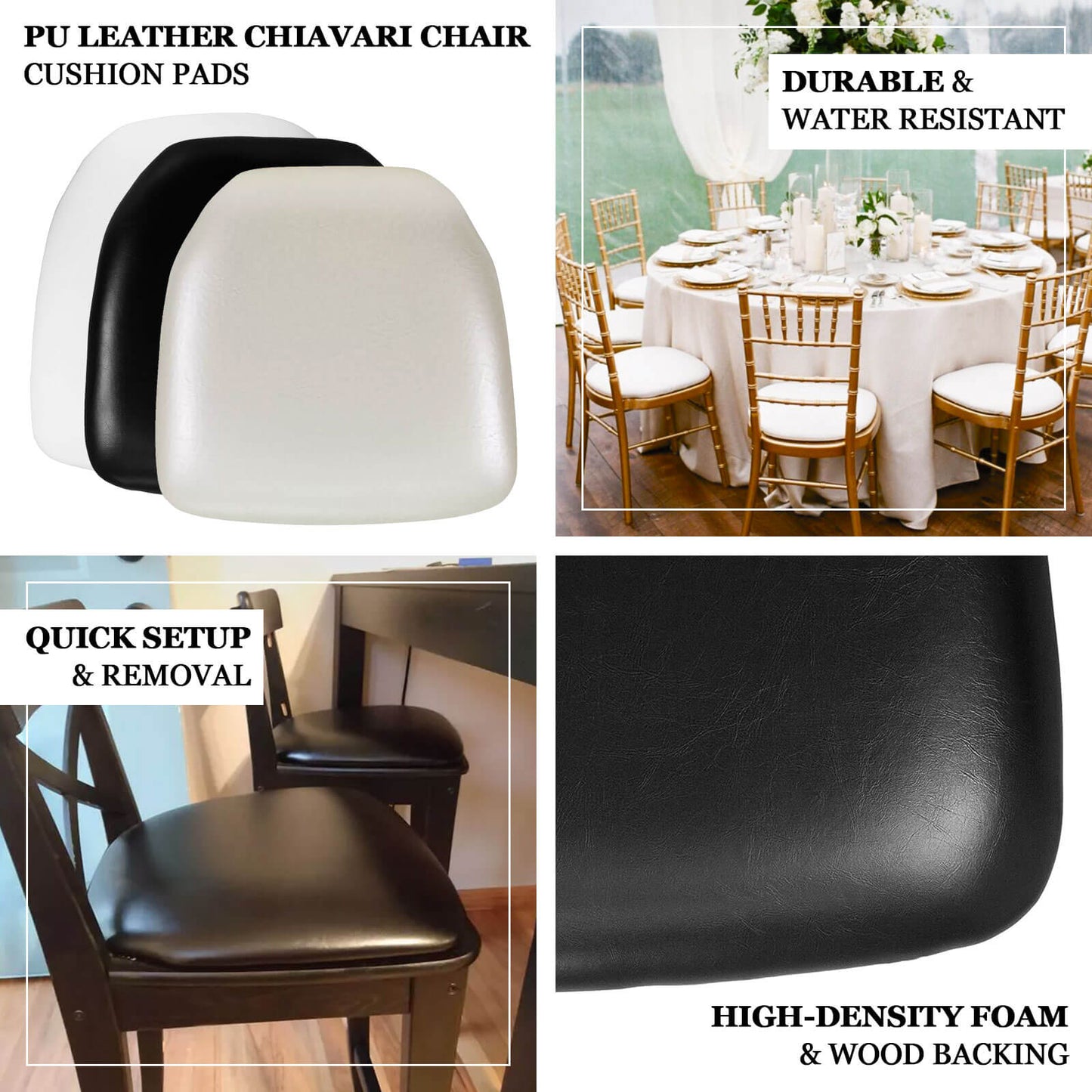 5 Pack PU Leather 1.5" Thick Seat Pads with Wood Backing for Chiavari Chairs Ivory - Memory Foam Tie-Less Non-Slip Design 16"