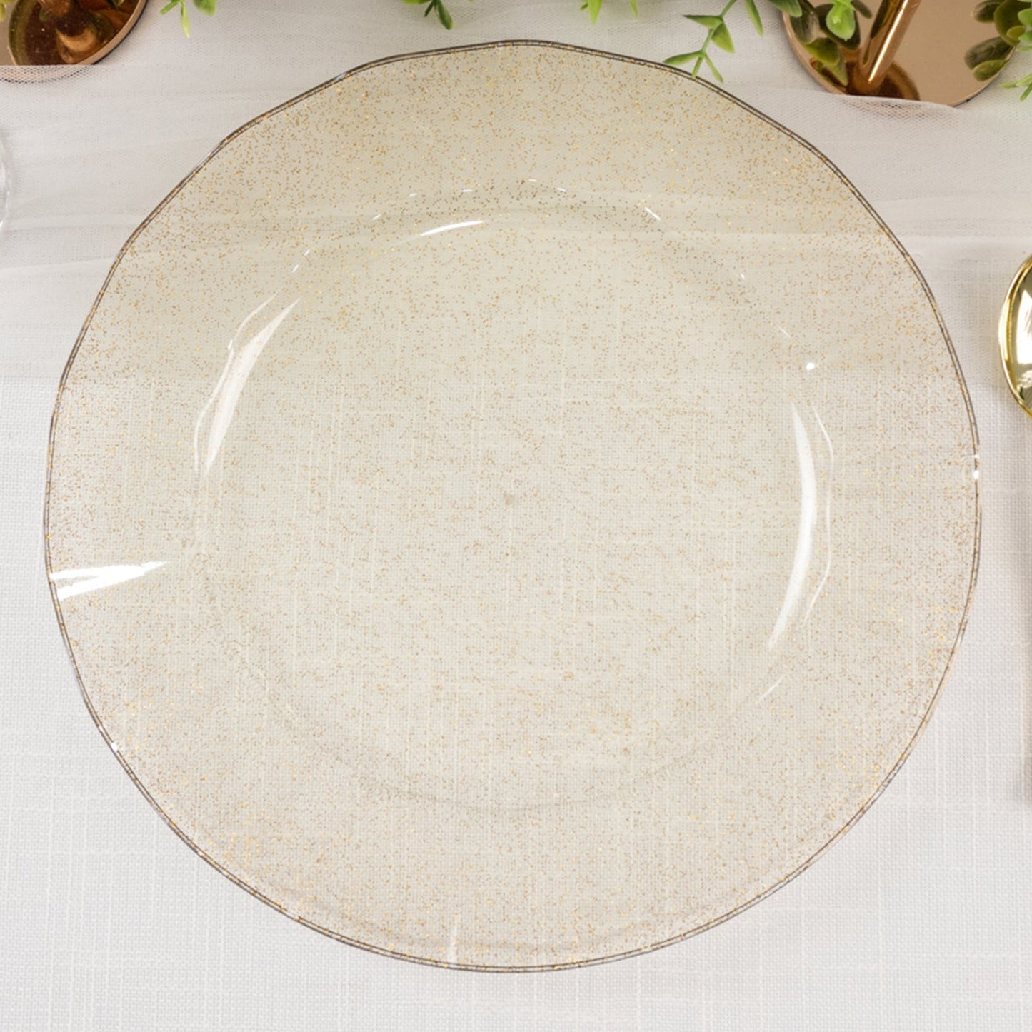 10-Pack Plastic 11" Round Dinner Plates in Gold Glitter with Ruffled Rim - Transparent Sturdy Disposable Dinnerware