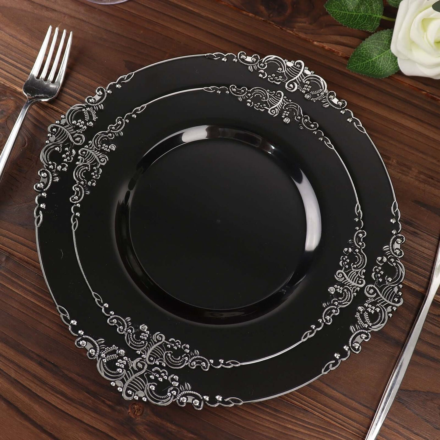 10-Pack Plastic 8" Round Dessert Plates in Black with Silver Leaf Embossed Rim - Disposable Vintage Baroque Style Salad Plates