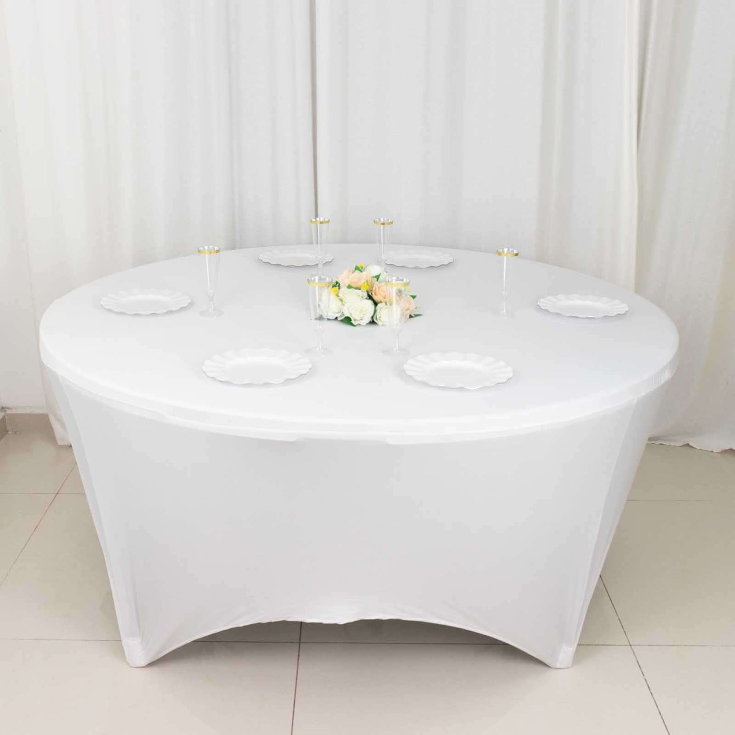 Stretch Spandex 6ft Round Tablecloth White - Durable Form-Fitting Table Cover for Events & Presentations