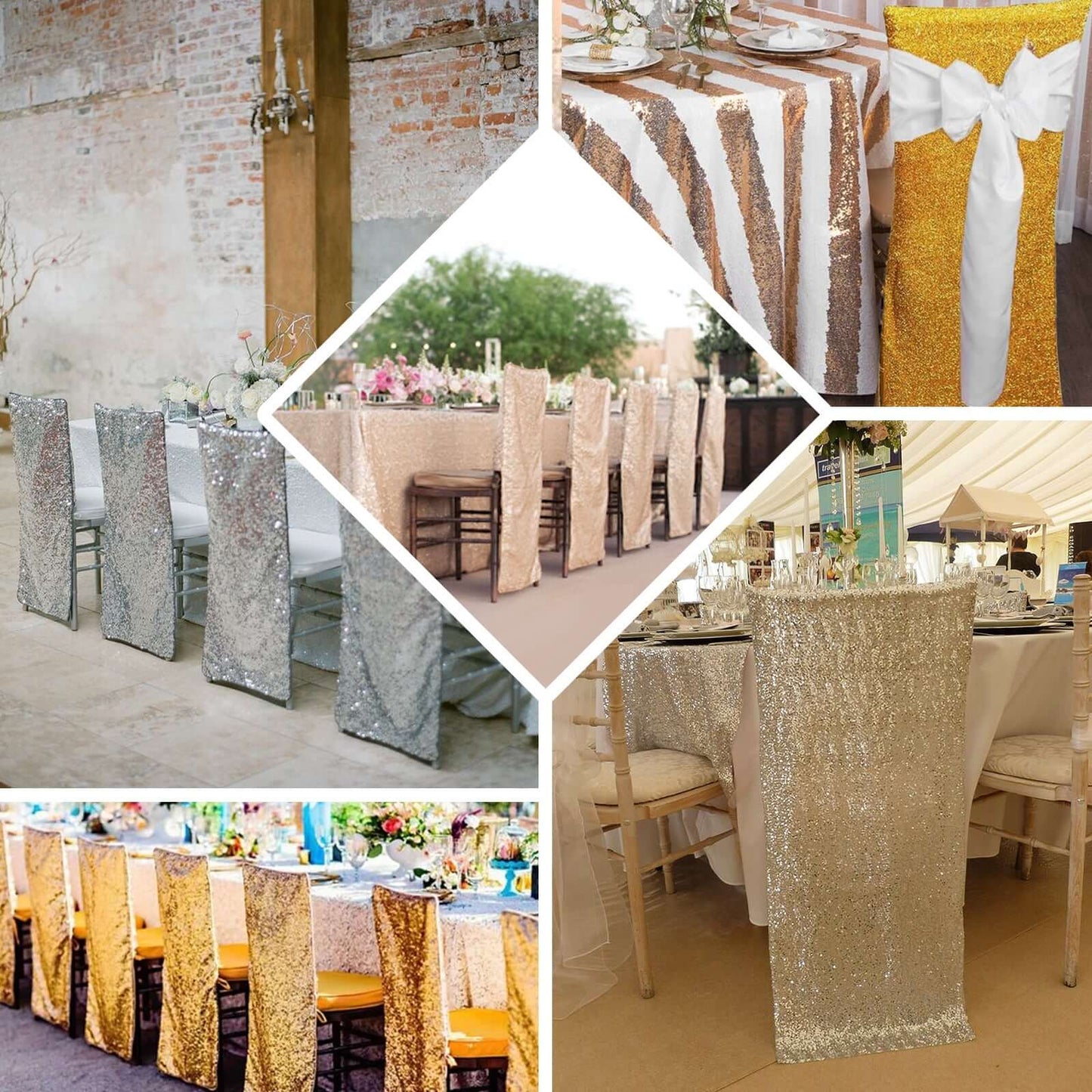 Stretch Spandex Chair Back Slipcover with Metallic Shimmer Tinsel Rose Gold - Durable Chiavari Chair Back Cover