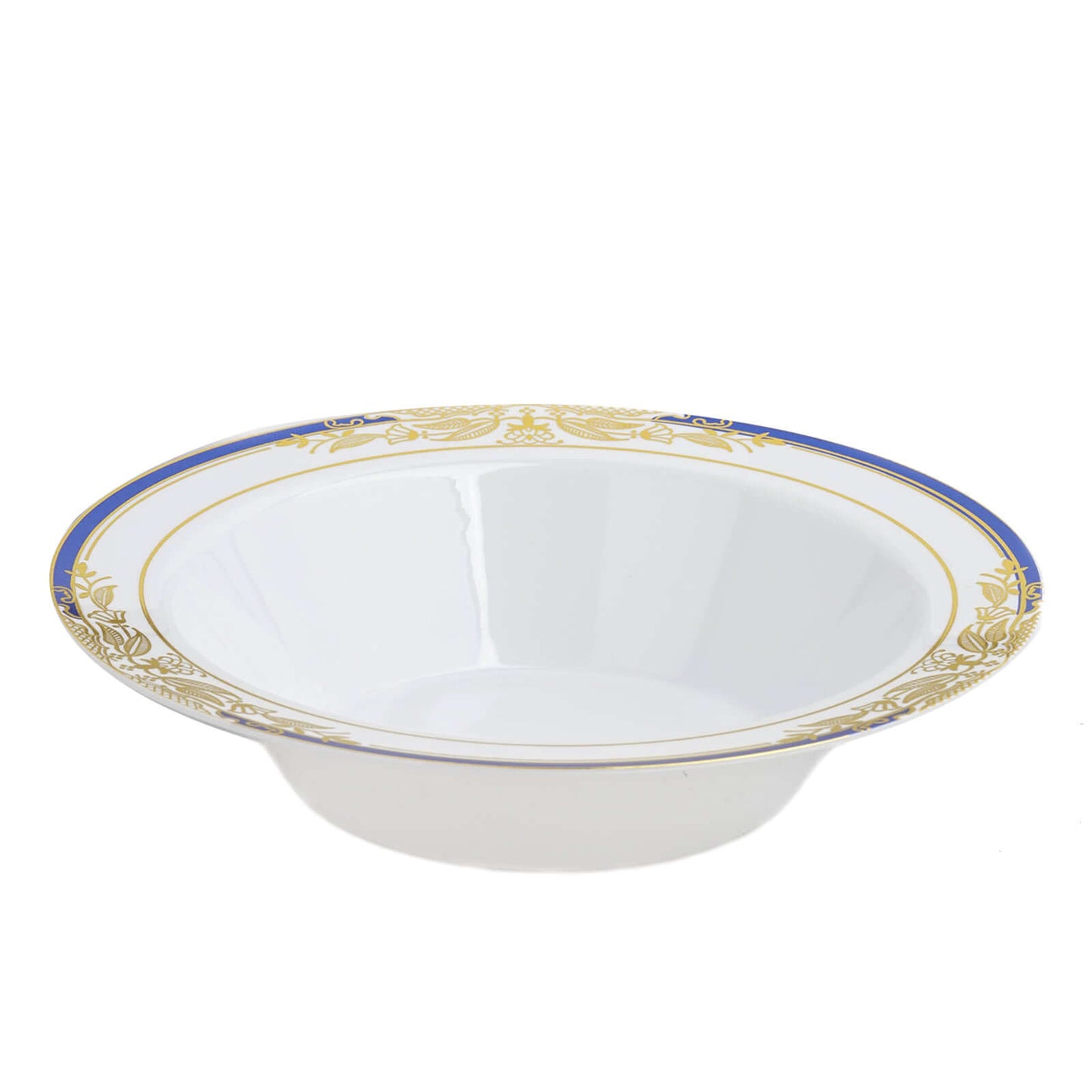 10-Pack Plastic Round Soup Bowl in White with Gold Vine & Royal Blue Rim - Sturdy Disposable Salad Dessert Bowls for Catering & Events 12oz