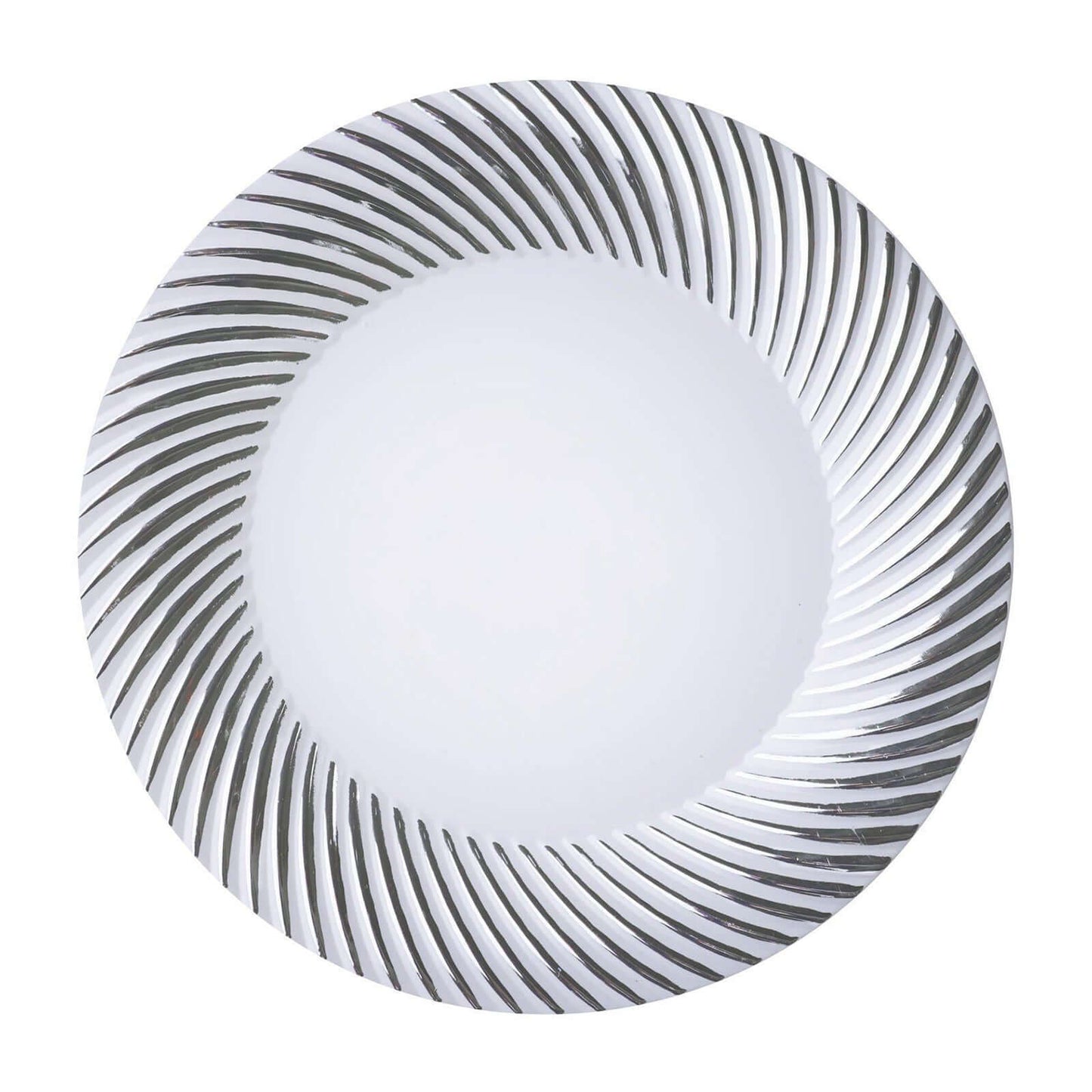 10-Pack Plastic 9" Round Dinner Plates White with Silver Swirl Rim - Disposable Party Plates