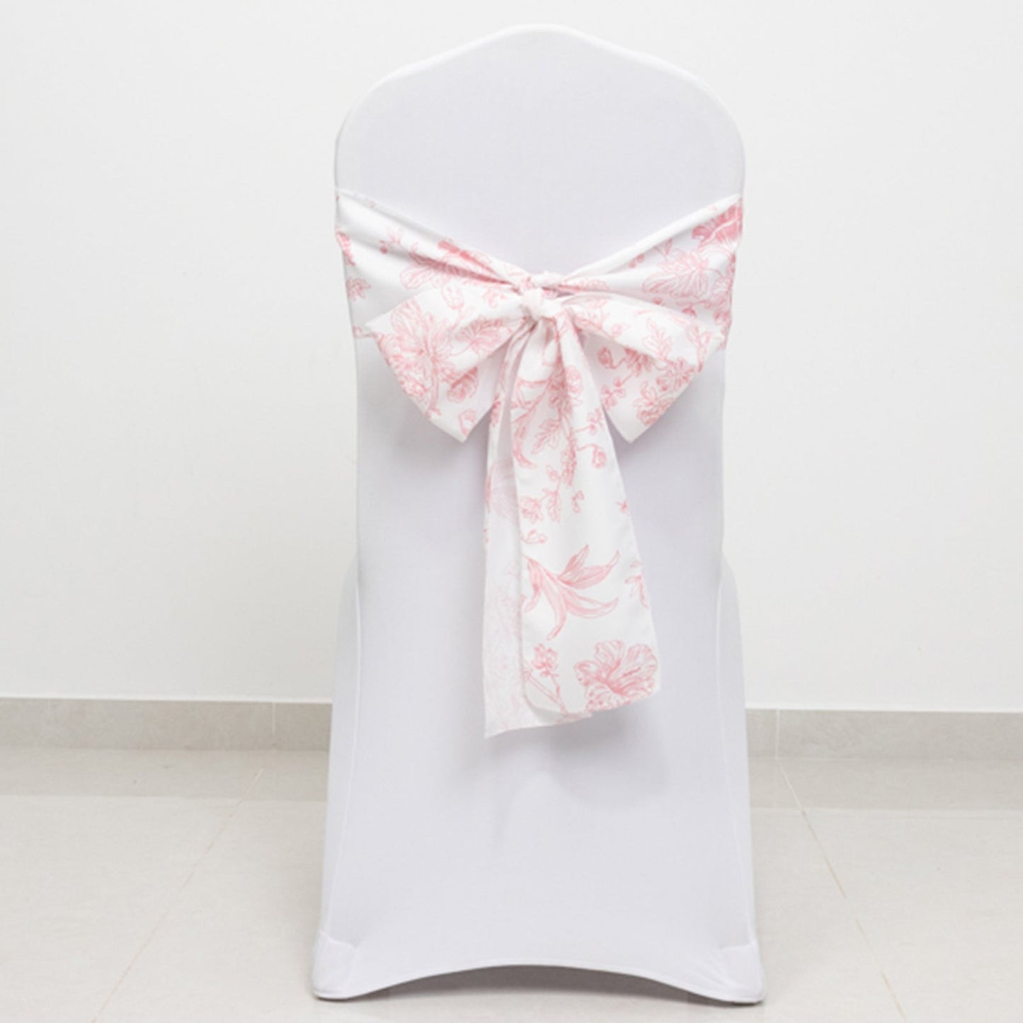 Polyester Chair Sashes White/Pink French Toile Floral Design - Wrinkle-Resistant & Durable Chair Bows 6"x108"